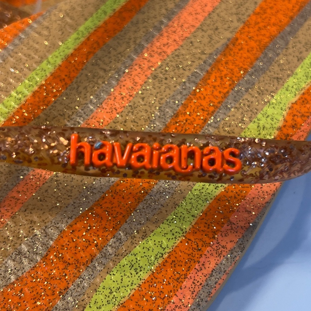 NWT Havaianas Slim Square Folia Flip Flops Glitter Striped Wom 9/10 Peach Orange - Picture 12 of 14